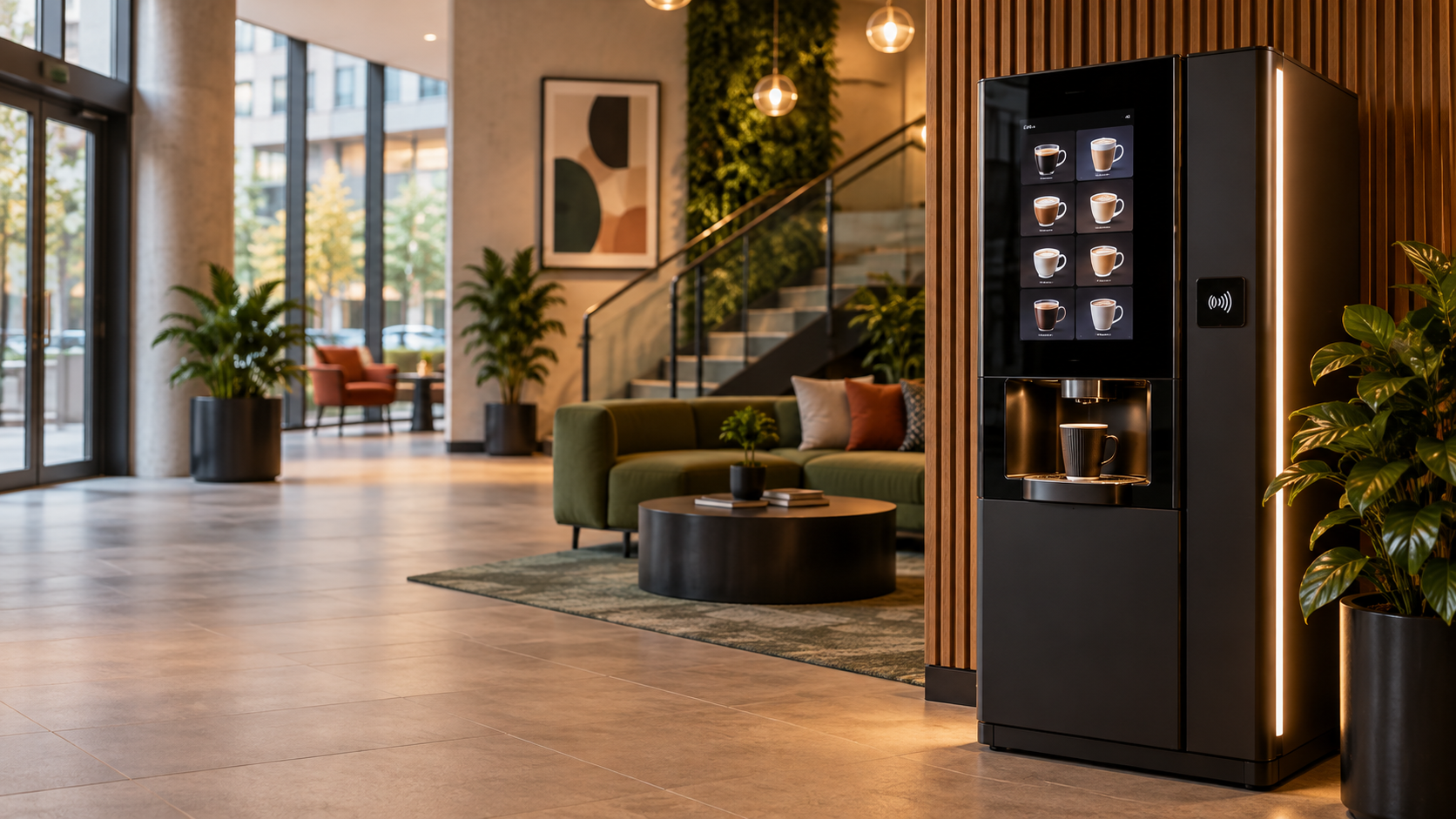 Premium vending machine installation in a contemporary building