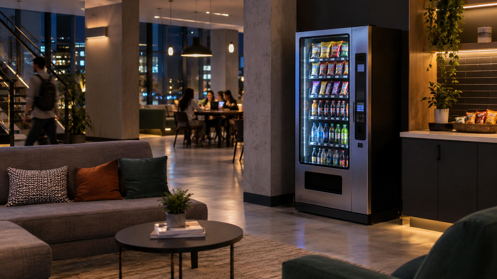 Snack and drinks vending machine in a modern communal lounge